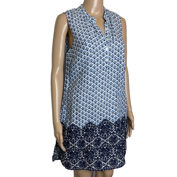 Women's Medium Tory Burch Navy Blue Floral 100% Linen Button Sleeveless Dress - Picture 2 of 6